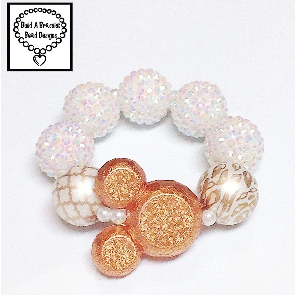 Handmade Girls Mickey Inspired Gold Bracelet Pearl Rhinestone Stretch Cute